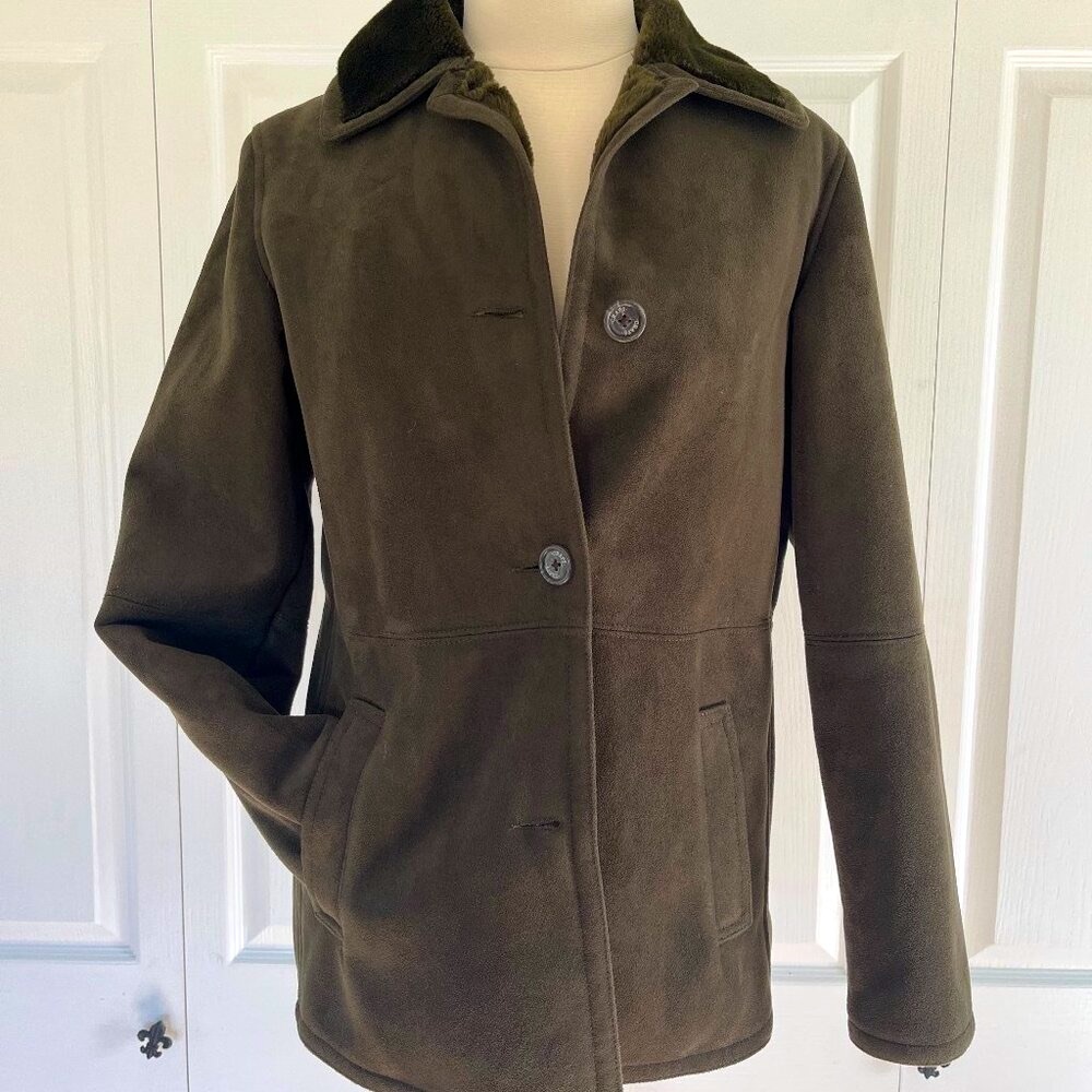 Chaps Suede Jacket Women's Small Faux Fur Lined Olive Green Button-Front